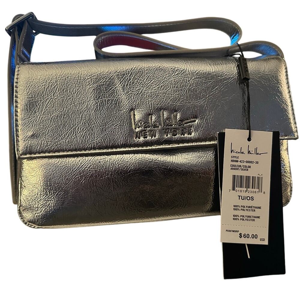 Nicole Miller Silver Vegan Leather Handbag Shoulder Bag New With Tags
